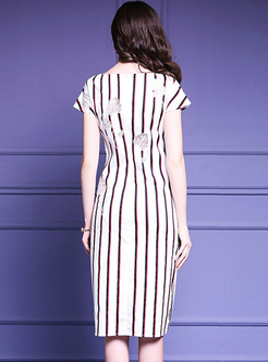 Elegant V-neck Embroidery Striped Bodycon Dress