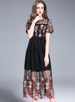 Elegant Floral Embroidery Perspective Maxi Dress