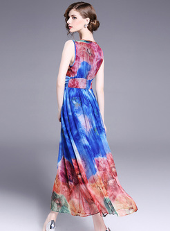 Chic Floral Print High Waist V-neck Maxi Dress