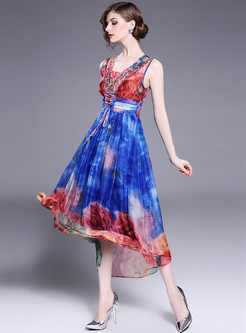 Chic Floral Print High Waist V-neck Maxi Dress