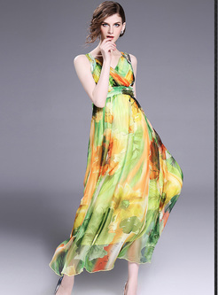 Bohemia Multicolor Print V-neck High Waist Maxi Dress