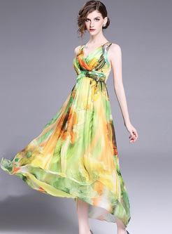 Bohemia Multicolor Print V-neck High Waist Maxi Dress