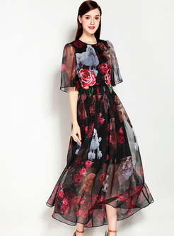 Fashion Flower Print Perspective Long Dress