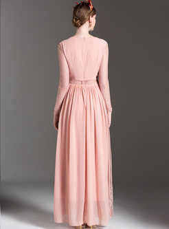 Elegant V-neck High Waist Pink Maxi Dress