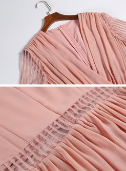 Elegant V-neck High Waist Pink Maxi Dress