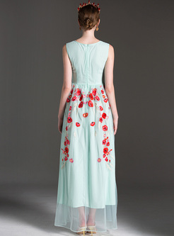 Party Flower Embroidery Waist Sleeveless Maxi Dress