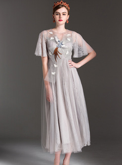 Grey Embroidery Perspective Maxi Dress