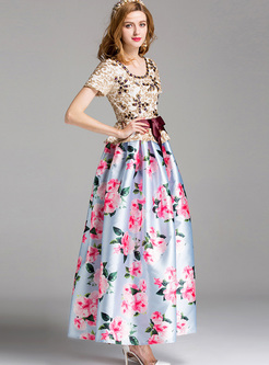 Party Bead Rose Print Waist Maxi Dress