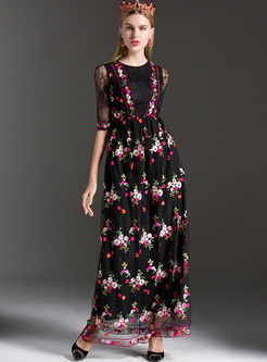 Party Embroidery Mesh Perspective Maxi Dress