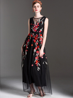 Party Flower Embroidery Waist Sleeveless Maxi Dress