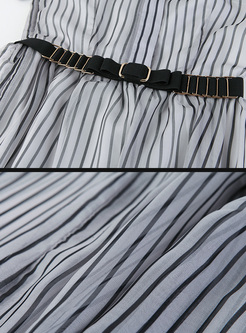 Elegant Lapel Striped Perspective Skater Dress