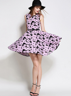 Chic Flower Print Sleeveless A-line Dress