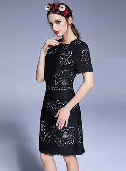 Slim Hollow Embroidery Skater Dress