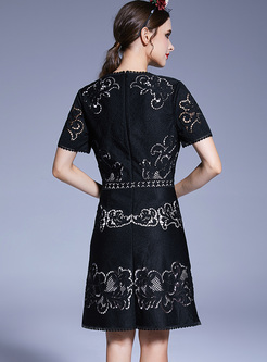 Slim Hollow Embroidery Skater Dress