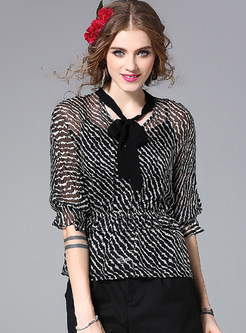 Striped Hit Color Gathered Waist Silk Blouse With Camis