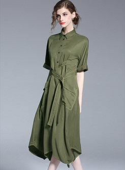 Green Lapel Single-breasted Asymmetric Hem Shirt Dress
