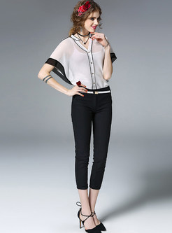Hit Color Loose V-neck Short Sleeve Blouse With Camis