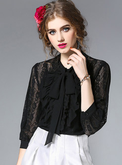 Hollow Out Lace Bowknot Three Quarters Sleeve Blouse