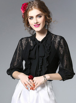 Hollow Out Lace Bowknot Three Quarters Sleeve Blouse