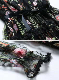 Party Floral Embroidery Off Shoulder Skater Dress