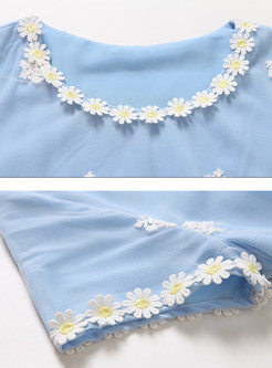 Chiffon Mesh Embroidered Short Sleeve Maxi Dress