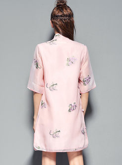 Vintage Embroidered Stand Collar Loose Shift Dress 