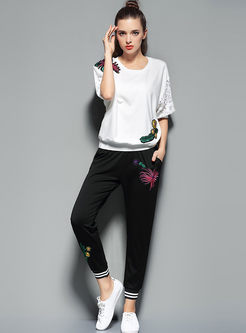 Casual Lace Embroidered O-neck Blouse & Fashionable Slim Harem Pants 