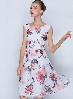 Elegant Print Sleeve High Waist Skater Dress