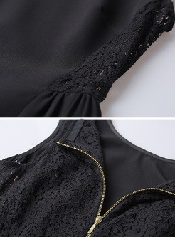 Black Lace Waist Asymmetric A-line Dress