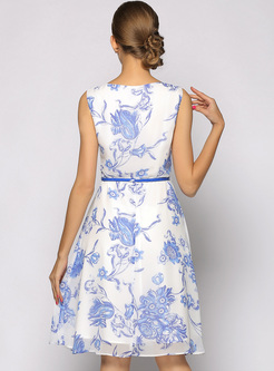 Elegant Floral Print Sleeve A-line Dress