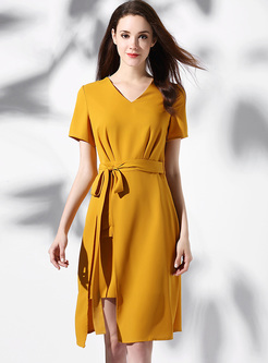 Elegant Split Belted Slim Asymmetric Dress