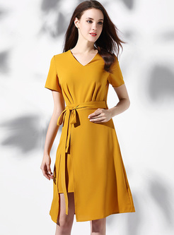 Elegant Split Belted Slim Asymmetric Dress