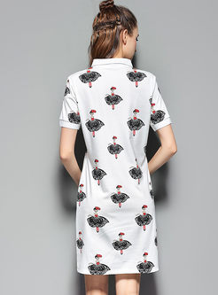 Casual Print Turn-down Collar Short Sleeve T-shirt Dress