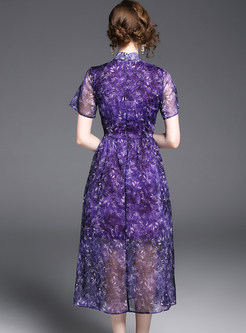 Ethnic Floral Print Stand Collar Silk Short Sleeve Maxi Dress