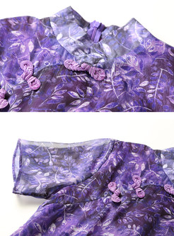 Ethnic Floral Print Stand Collar Silk Short Sleeve Maxi Dress