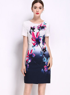 Ethnic Lotus Design Print Short Sleeve Bodycon Dress