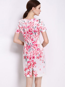 Vintage Floral Print O-neck Short Sleeve Bodycon Dress