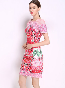 Ethnic Floral Print O-neck Short Sleeve Bodycon Dress