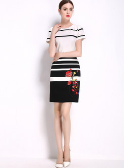 Brief Striped Flowers Embroidered Short Sleeve Bodycon Dress
