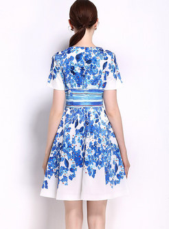 Floral Print Slim Short Sleeve Wrinkle Skater Dress