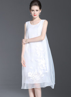 Mesh Embroidered Loose Sleeveless Shift Dress