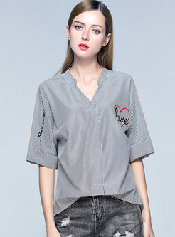 Asymmetry Striped Embroidered Batwing Sleeve Blouse