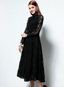 Sexy Lace Stand Collar Long Sleeve Slim Skater Dress 