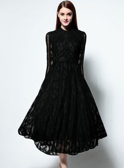 Sexy Lace Stand Collar Long Sleeve Slim Skater Dress 