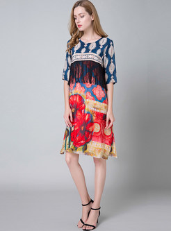 Stylish Tassels Floral Print Silk Half Sleeve Shift Dress