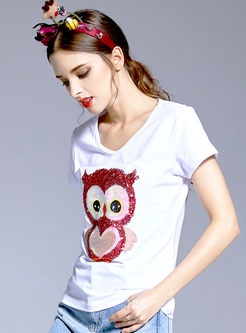 Casual V-neck Short Sleeve Owl Sequins T-shirt 
