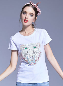 Casual Embroidered O-neck Short Sleeve Tiger T-shirt