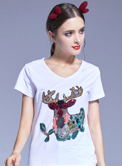 Casual Bead V-neck Short Sleeve Sika Deer T-shirt