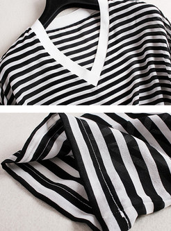 Striped Silk Loose V-neck Half Sleeve Blouse