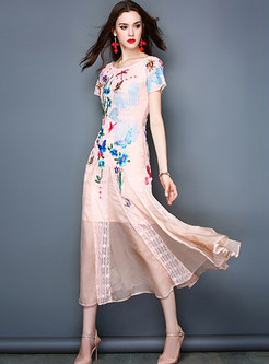 Vintage Lace Embroidered Short Sleeve Slim Maxi Dress